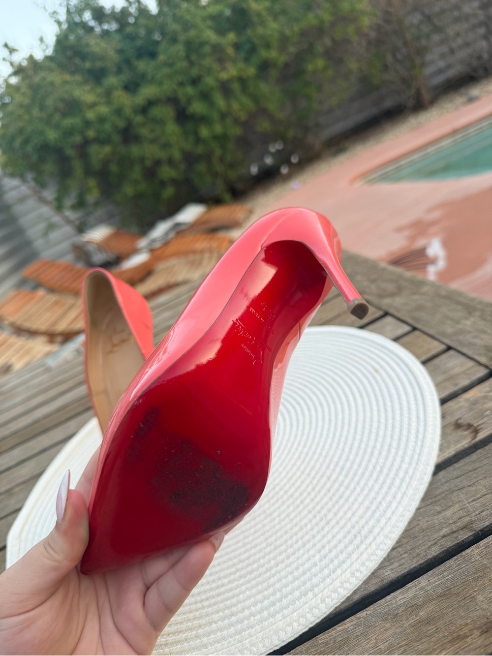 Christian Louboutin Coral Pink Patent Pointed-Toe Stiletto Pumps - Picture 5 of 6